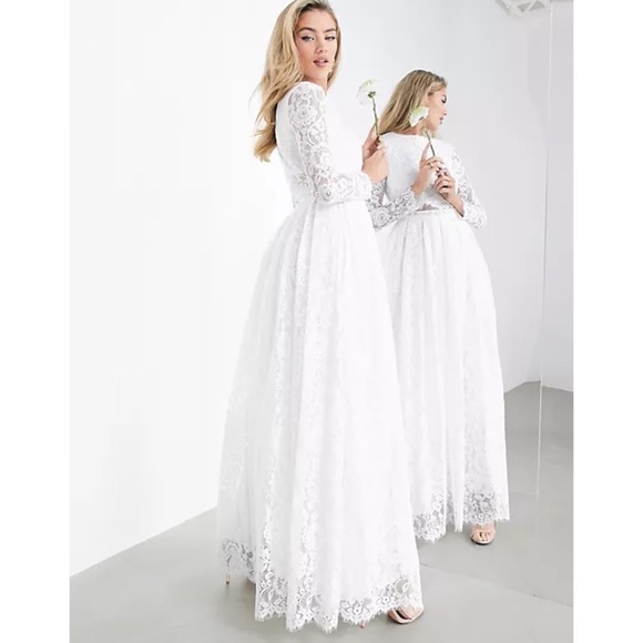 ASOS BRIDAL EDITION Grace Lace Long Sleeve Crop Top Maxi Wedding Dress - Picture 2 of 16